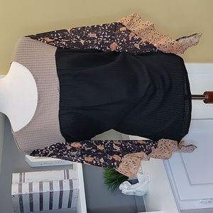 Boho Top Ruffle Black Orange Floral Sheer Waffle